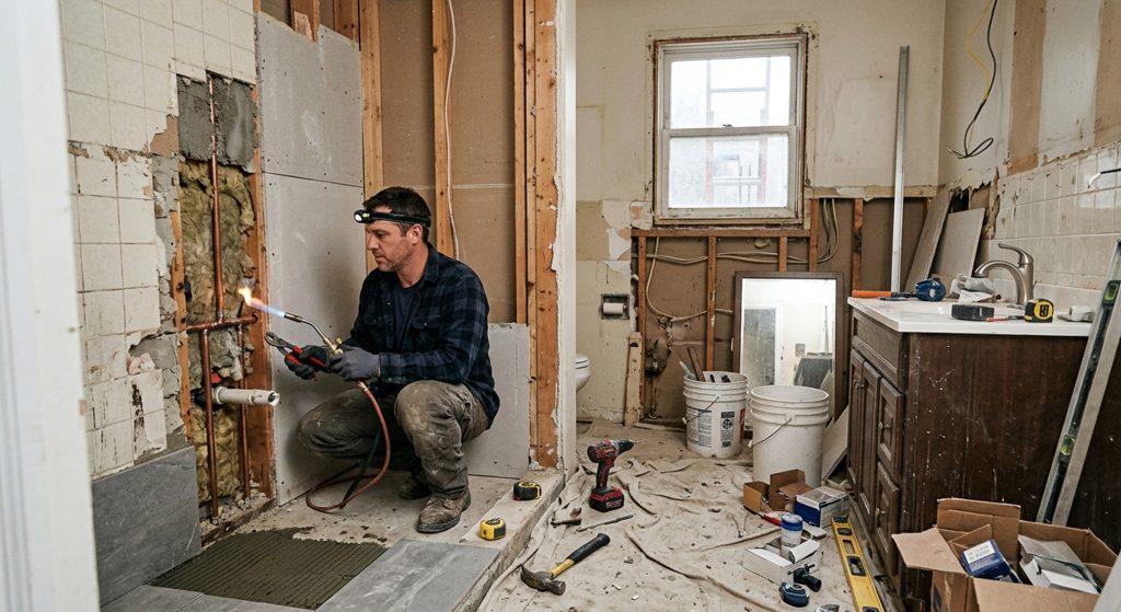 Contractor updating a bathroom in a home purchased as-is