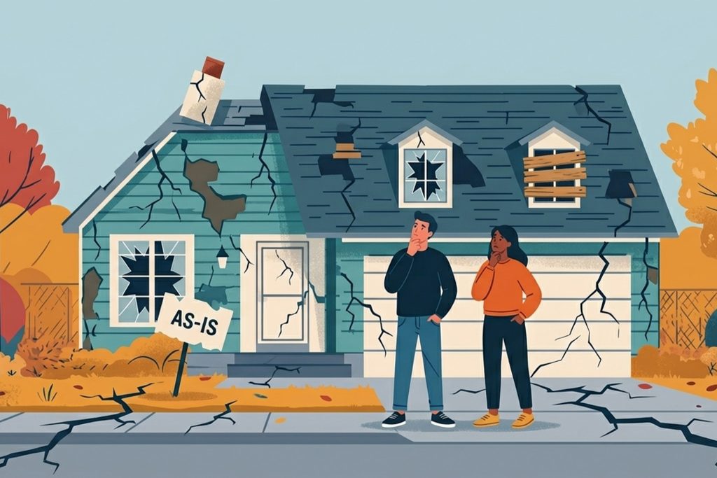 Homeowners sitting outside a fixer-upper home looking concerned about needed repairs