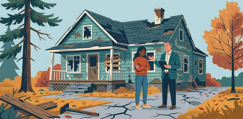 Real estate investor speaking with a homeowner outside a house about selling as-is