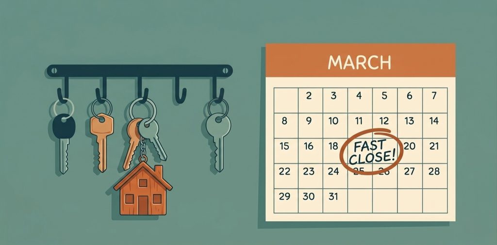 House keys next to a calendar with a circled date labeled “fast close,” representing a quick home sale option in West Michigan