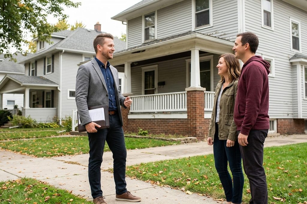 Real estate investor speaking with a couple about selling their home in Grand Rapids, Michigan