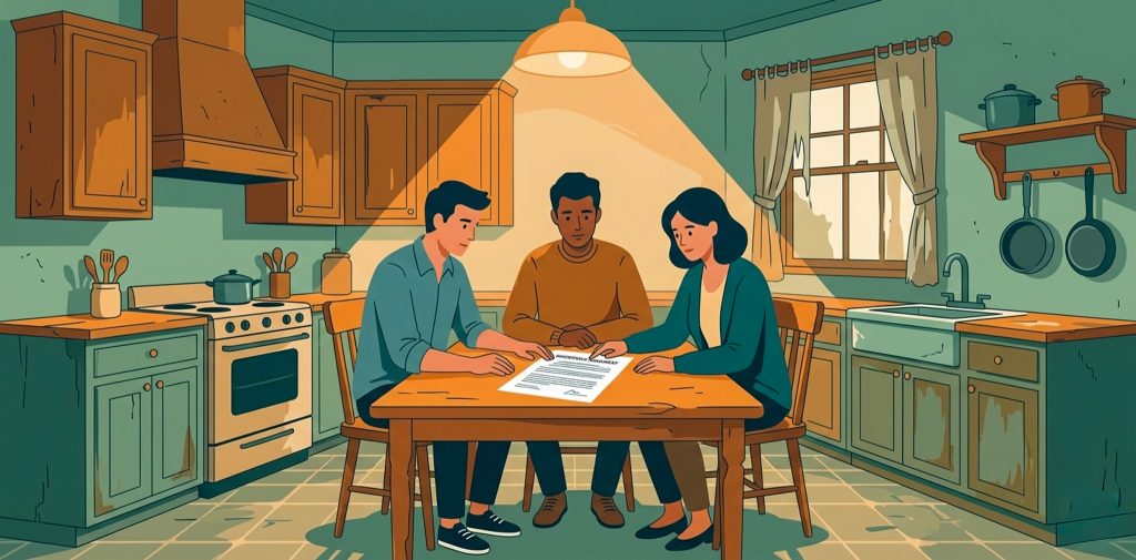 Siblings sitting around a table in an older home discussing documents related to an inherited property in West Michigan