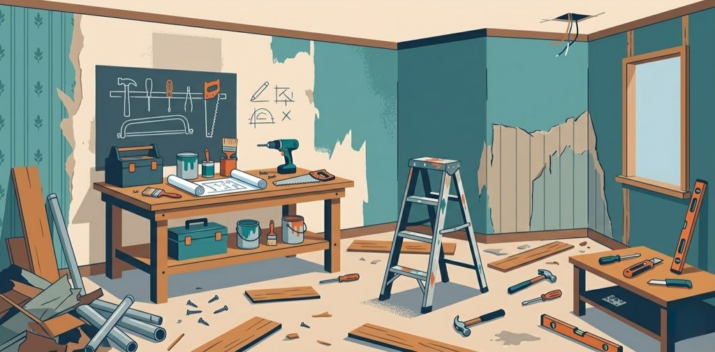 Interior of a home under renovation with tools, materials, and ongoing construction