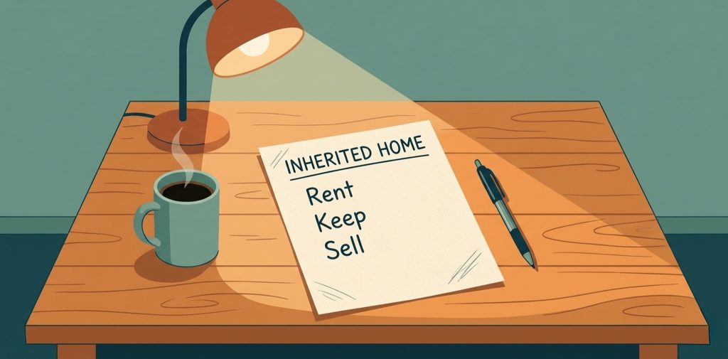 Piece of paper with a list showing options “keep,” “rent,” and “sell” related to deciding what to do with an inherited home in West Michigan.