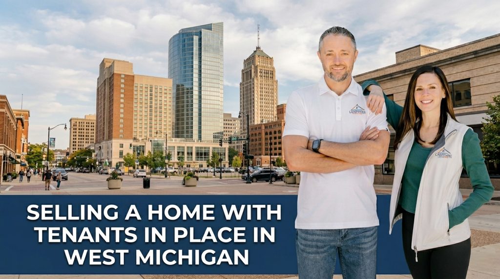 Ryan and his wife wearing Lakeshore Home Buyer apparel with downtown Grand Rapids in the background, representing home-selling solutions for West Michigan property owners.