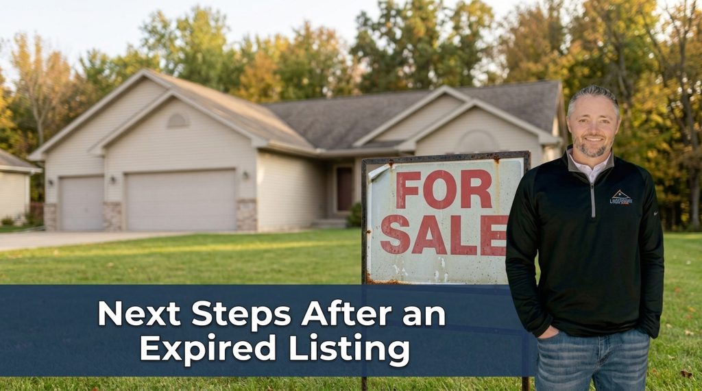 Weathered "For Sale" sign on a West Michigan lawn, suggesting a home that has been on the market longer than expected
