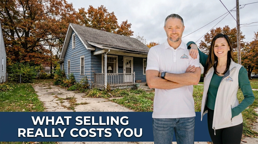 Owner of Lakeshore Home Buyer and his wife pictured in front of a West Michigan home needing some updates, with a blue banner reading “What Selling Really Costs You.”