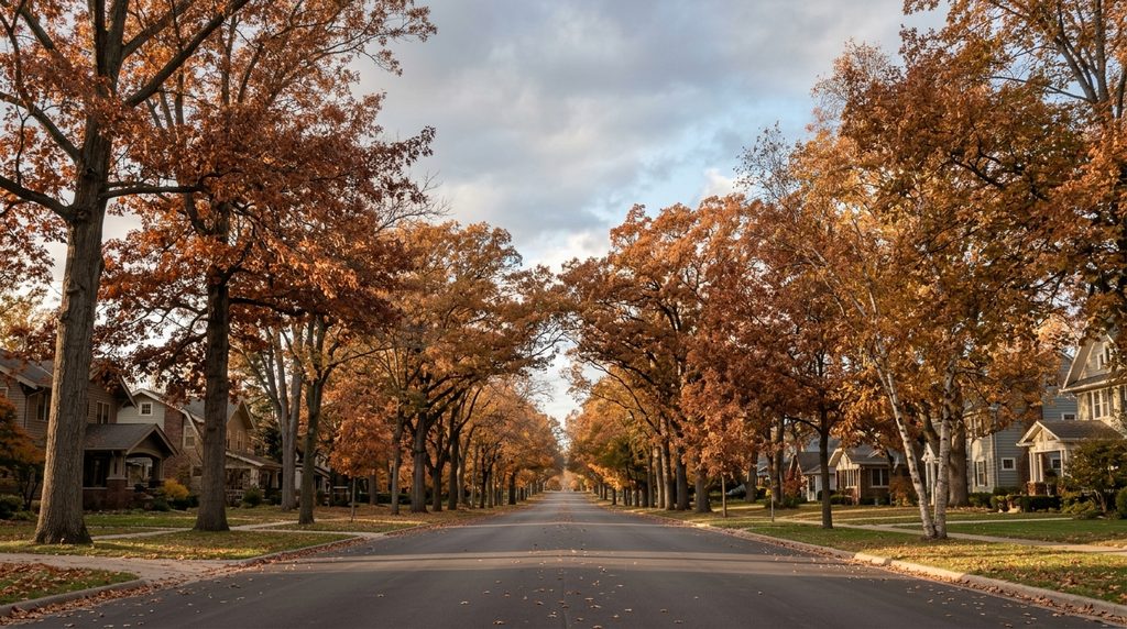 A tree-lined residential road with autumn foliage in amber and rust tones, under a clearing sky transitioning from overcast to blue.