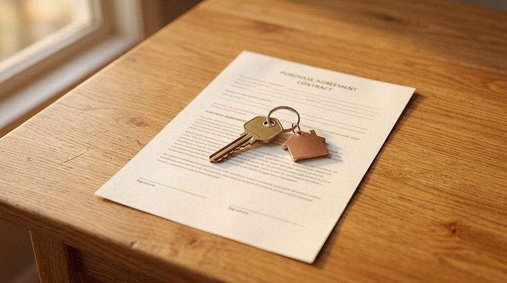 A single house key with a warm-toned keychain resting on a simple purchase agreement on a honey-toned wooden desk, with soft warm lighting.