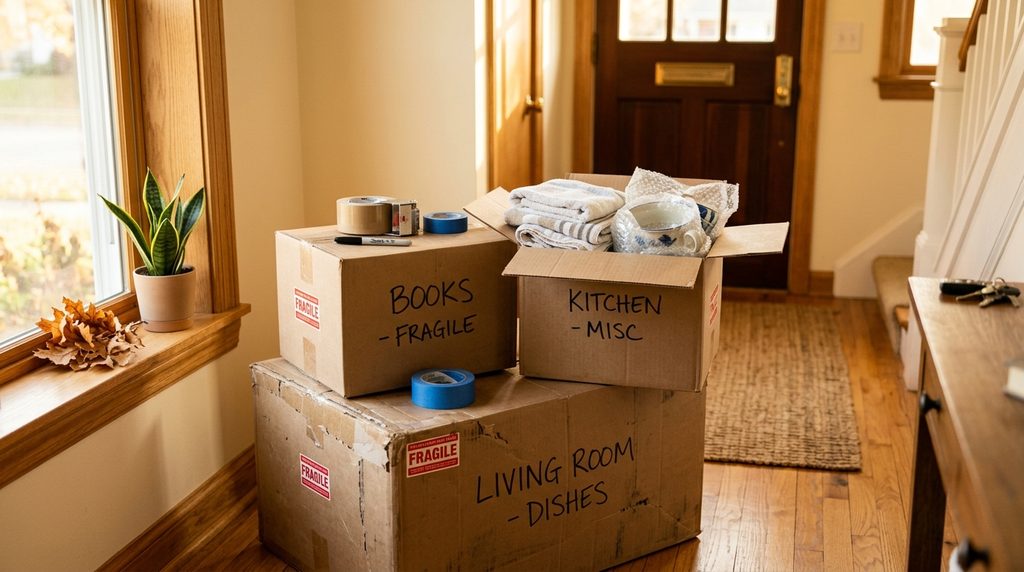 Stack of moving boxes near a home's front entryway, with one box open showing folded towels, alongside packing tape, a marker, and fall leaves by the door.