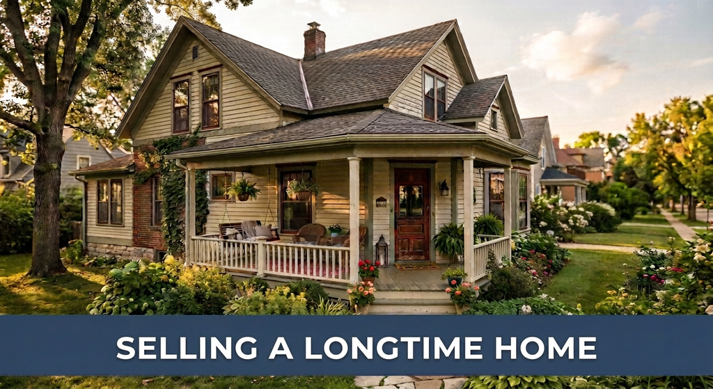Warm, sunlit exterior of a charming older home with a welcoming front porch, representing the theme of selling a longtime home