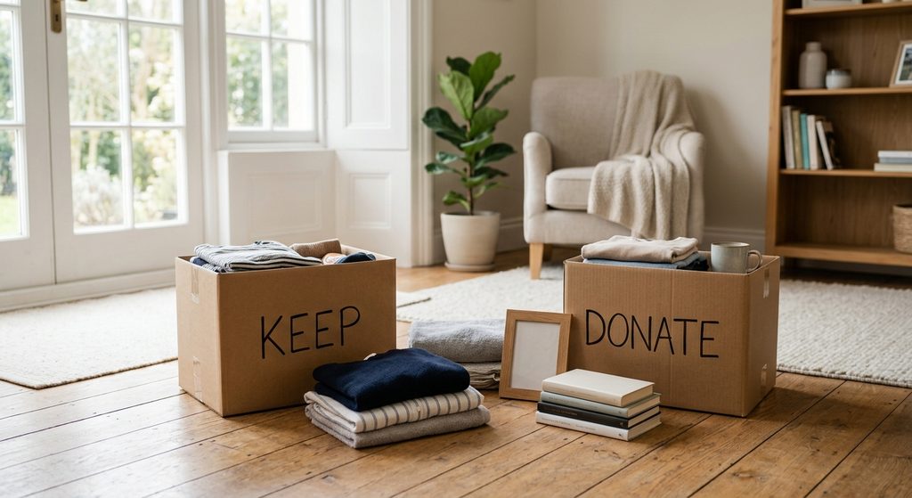 A room with household items being sorted into a 'Keep' box and a 'Donate' box, representing the decision-making process of downsizing before a move.