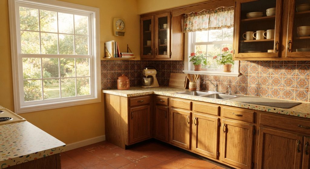 A dated but colorful 1980s-style kitchen with warm wood cabinets and retro tile details, illustrating the decision of whether to renovate before selling