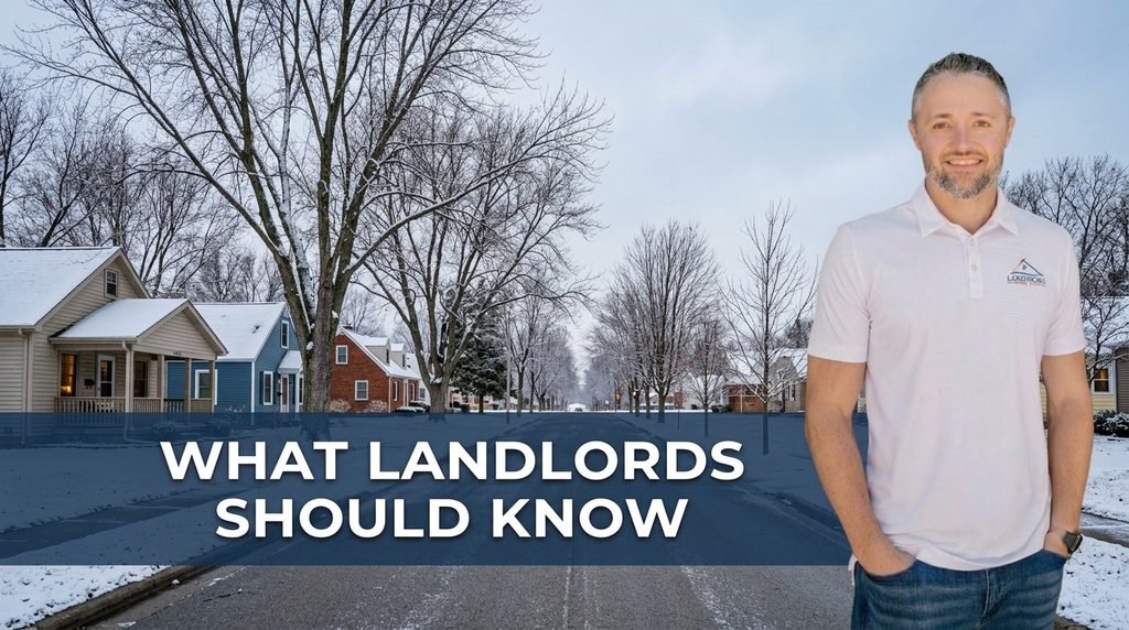 Winter view of a quiet residential neighborhood street lined with houses, with a blue banner reading 'What Every Landlord Should Know' across the bottom and a photo of Ryan, the business owner, overlaid on the right side.