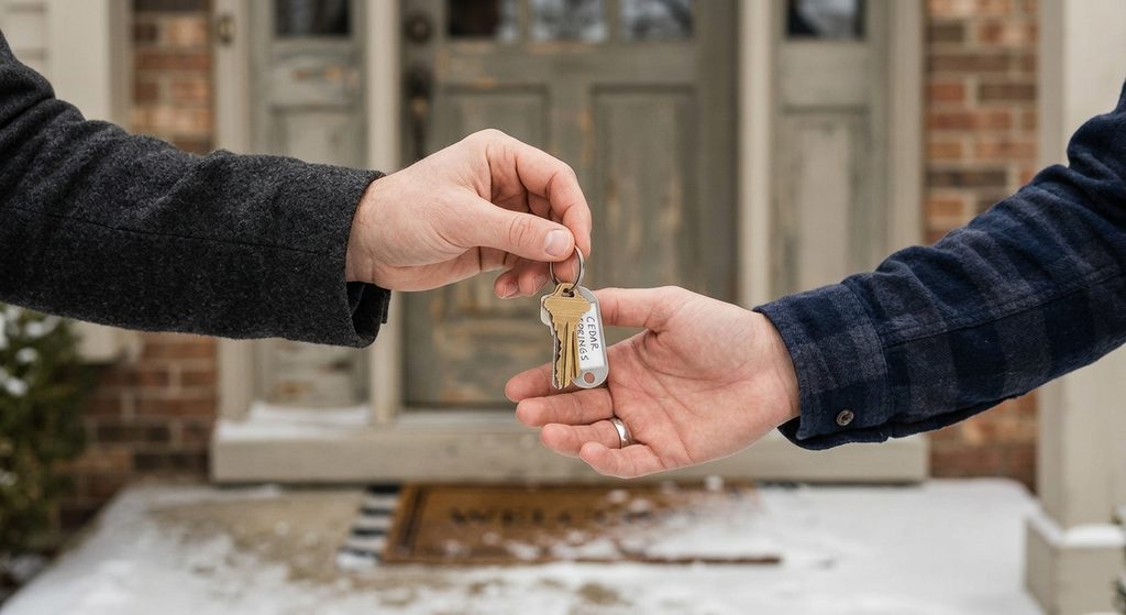 Outdoor close-up of house keys being handed from one person to another near a home's front porch, representing a simple, direct sale of a rental property.
