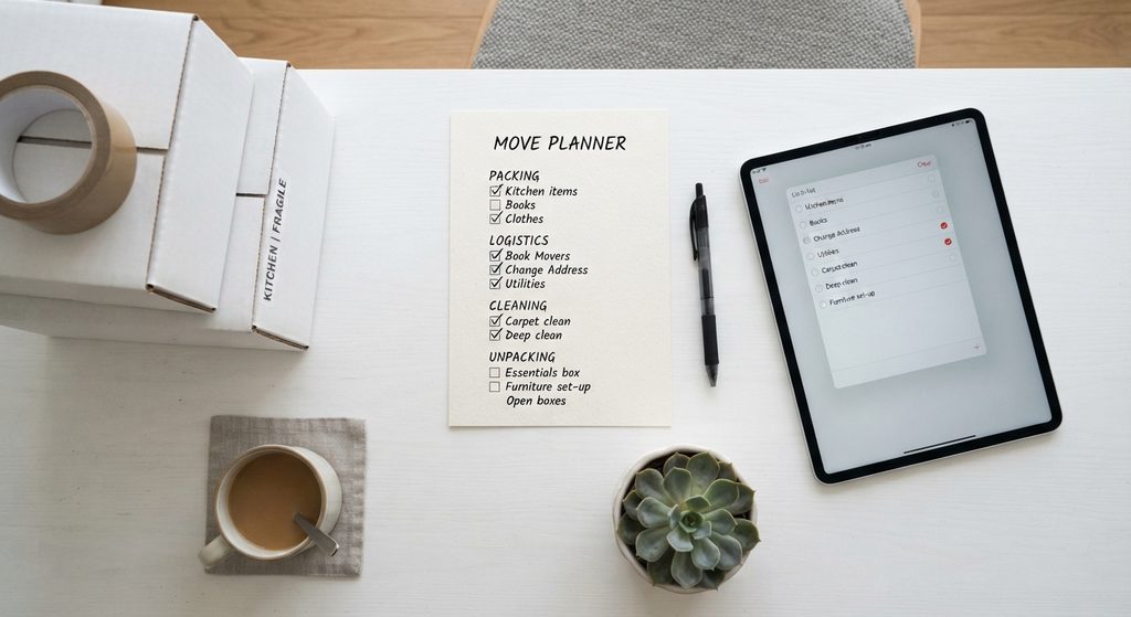 Overhead flat-lay of a moving checklist, tablet, and small plant on a clean desk, representing the process of preparing to sell a longtime home