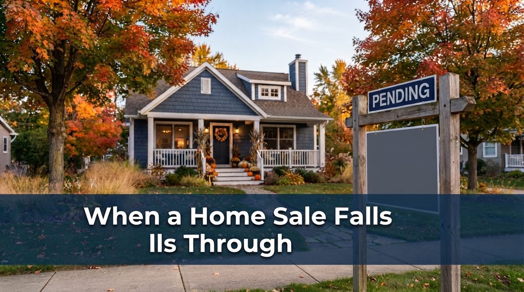 Charming slate-blue cottage with autumn porch decor, framed by colorful maple trees, with a "Pending" real estate sign in the yard.