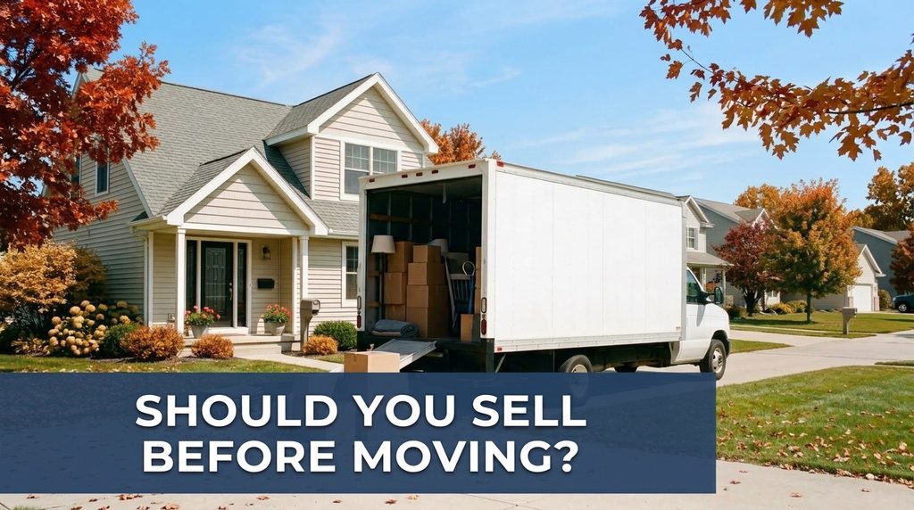 A moving truck parked in the driveway of a home surrounded by autumn foliage on a sunny fall day, with a blue banner along the bottom reading 'Should You Sell Before Moving?' and a photo of the business owner overlaid on the right side.
