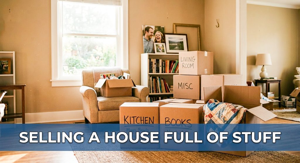 Living room filled with labeled moving boxes marked Kitchen, Books, Living Room, and Misc, with a cozy armchair and bookshelf in the background — illustrating selling a house full of belongings.