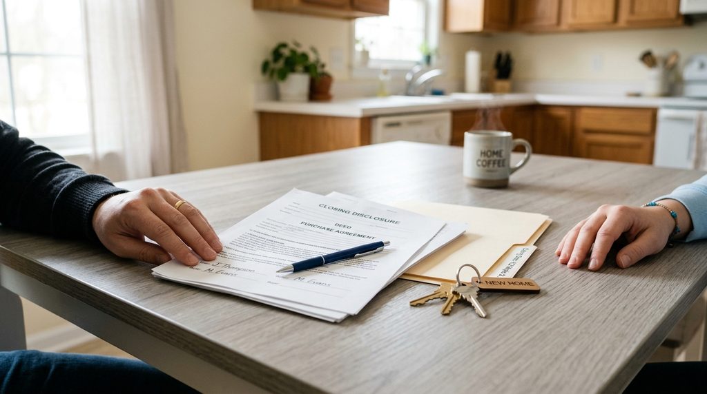 A hand slides a paper across a modern white kitchen table holding real estate closing documents, a manila folder, a pen, and a set of house keys.