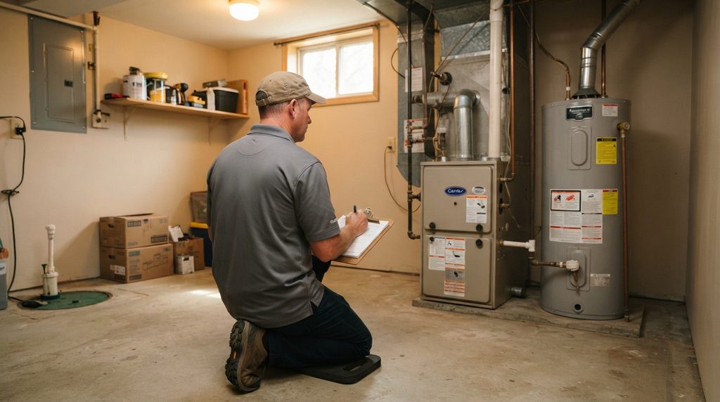 Home inspector kneeling in a home basement, viewed from behind, examining an older furnace and water heater.